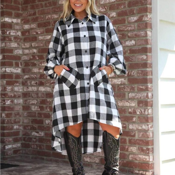 Dresses & Skirts - Classic Plus Size Plaid Check Pockets Button Down Up Midi Cotton Dress